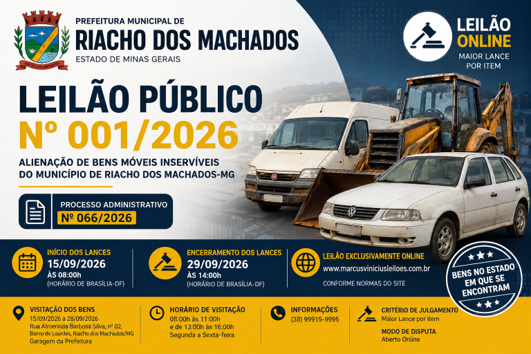 Prefeitura de Riacho dos Machados realizará Leilão Público Online de bens móveis inservíveis